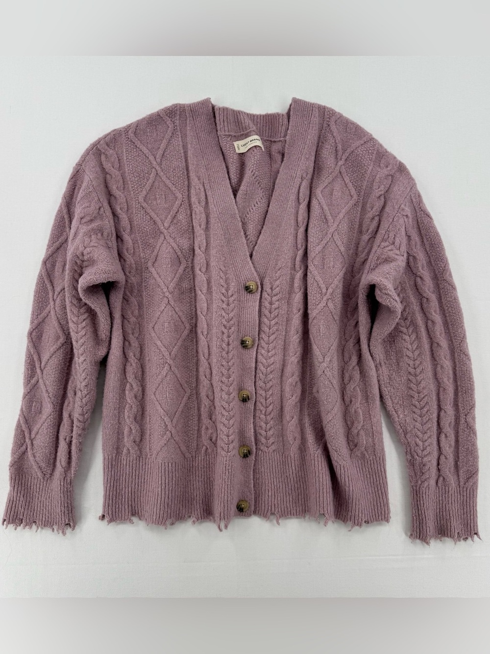 Lucky Brand Dusty Lilac Cable Knit Cardigan Sweater Medium Distressed Hem - Picture 3 of 15